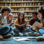 Fem ungdomar sitter i ett bibliotek och läser böcker tillsammans