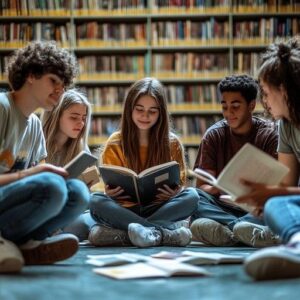 Fem ungdomar sitter i ett bibliotek och läser böcker tillsammans