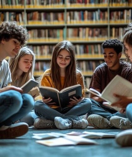 Fem ungdomar sitter i ett bibliotek och läser böcker tillsammans