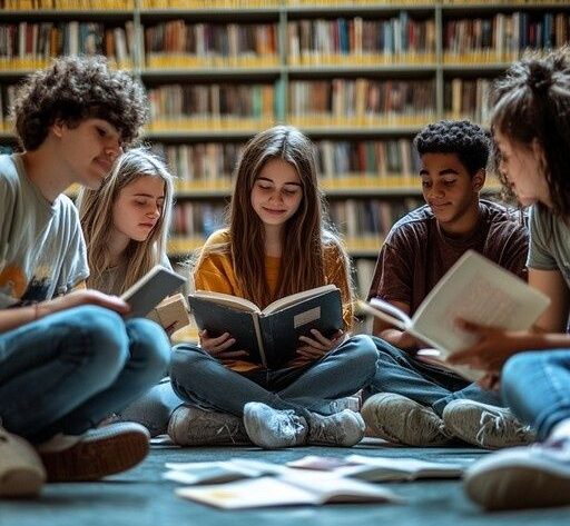 Fem ungdomar sitter i ett bibliotek och läser böcker tillsammans